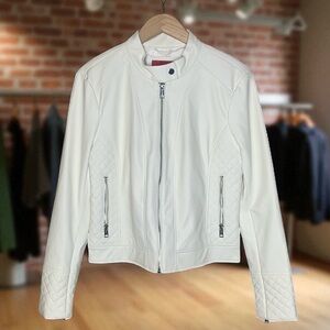 Guess Faux-leather Cafe Racer Moto Jacket L White Ivory Quilted Street Biker